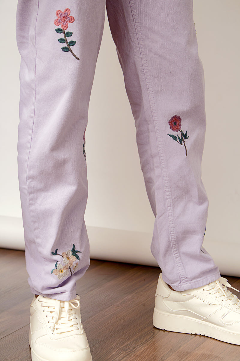 Men’s Pastel Blooms: Embroidered Denim Delight