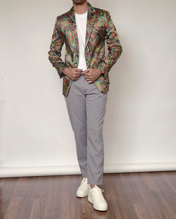 Indie Elegance Men’s Tailored Green Printed Jacket
