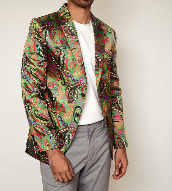 Indie Elegance Men’s Tailored Green Printed Jacket