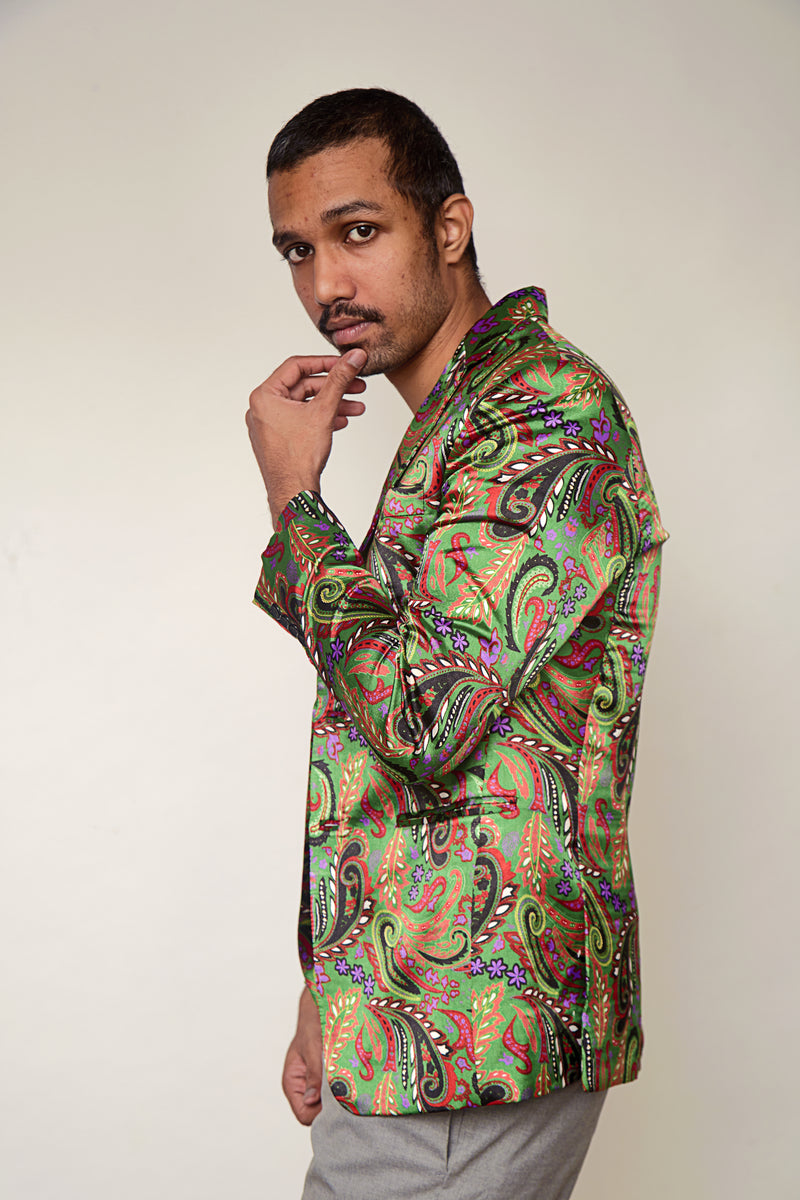 Indie Elegance Men’s Tailored Green Printed Jacket
