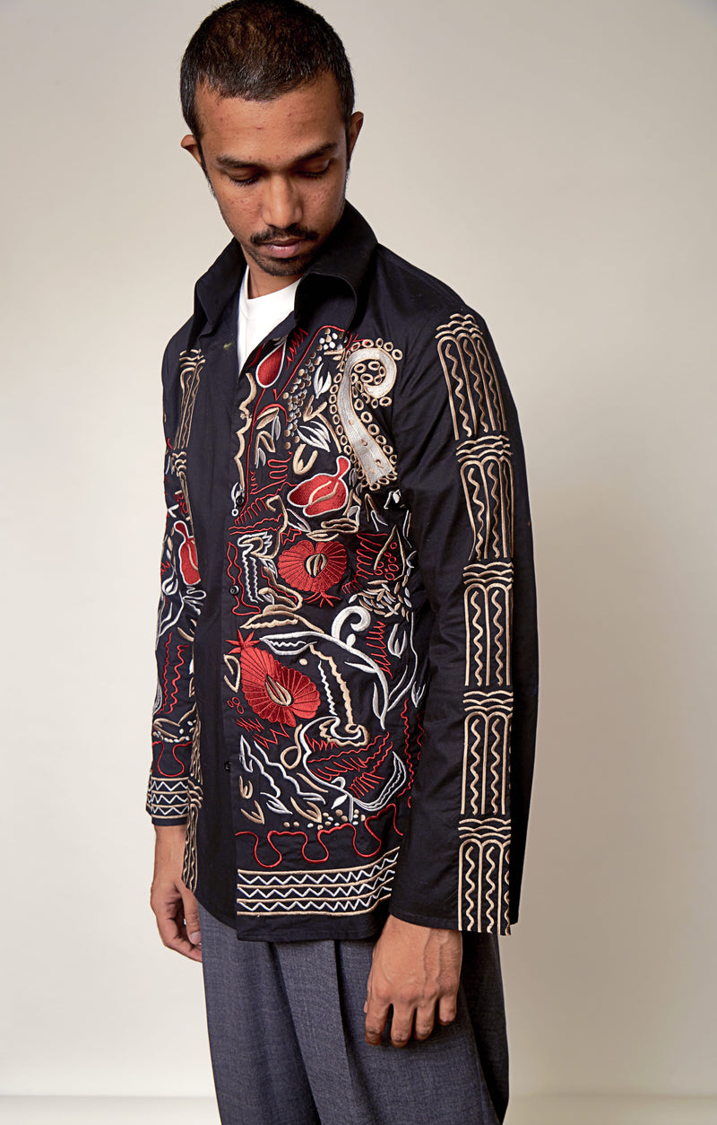 Opulently Embroidered Vintage Black And Red Shirt
