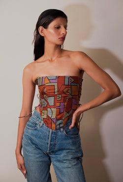 Upcycled Geometric Printed Tube Corset Side Tie
