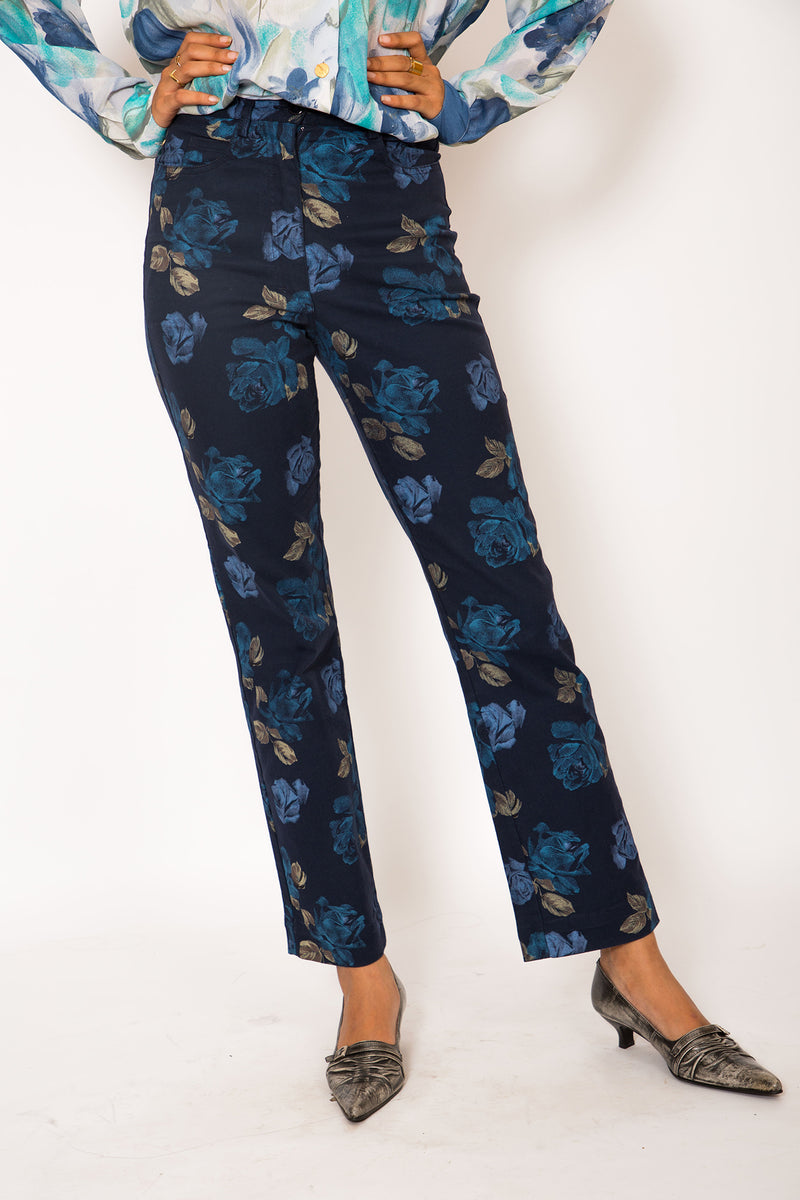 Buy Vintage Floral Printed Blue Denim Pants for woman on Bodements.com