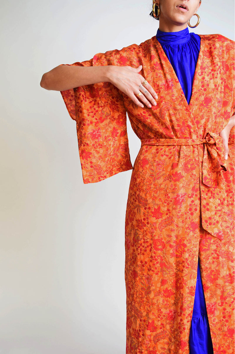 Orange Floral Japanese Kimono