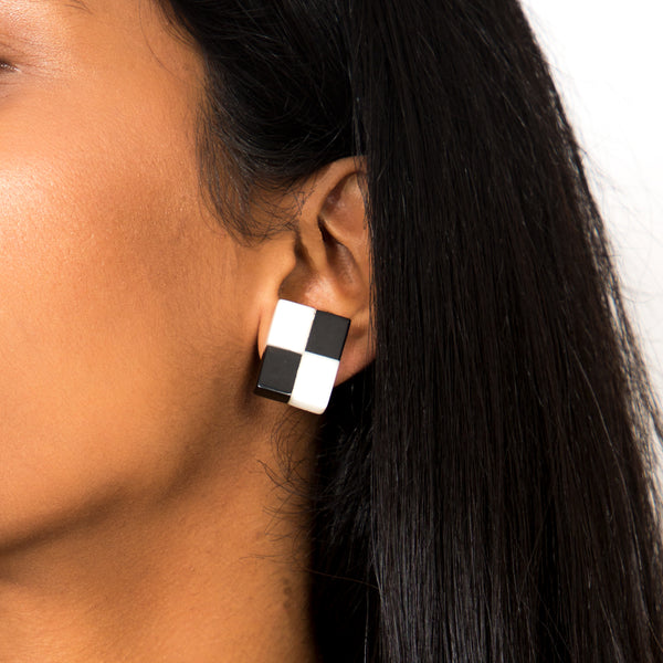 Buy Vintage 1960s Black and White Checkered Clip-on Earrings on Bodements.com