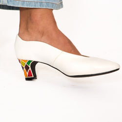 Buy Vintage White Leather Multi Coloured Kitten Heels on Bodements 