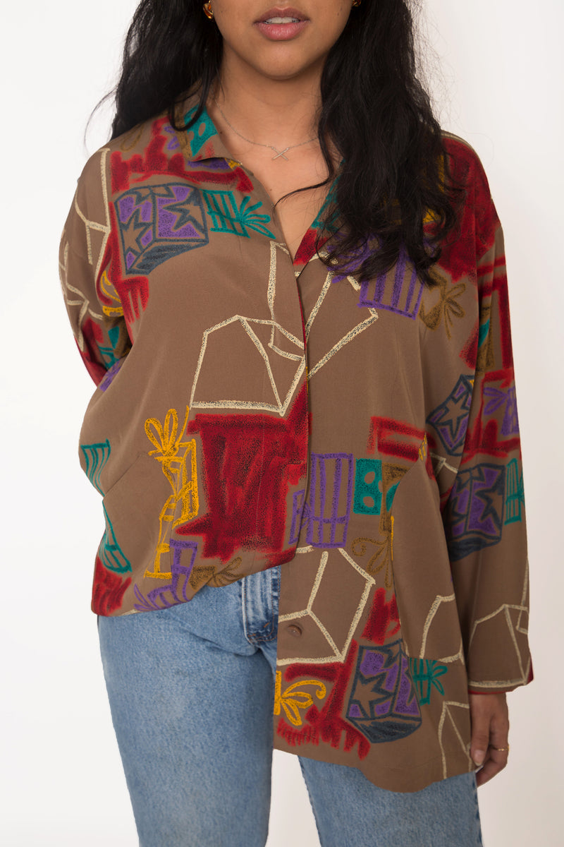 Buy Vintage '80s Brown Geometric Unisex Shirt on Bodements.com