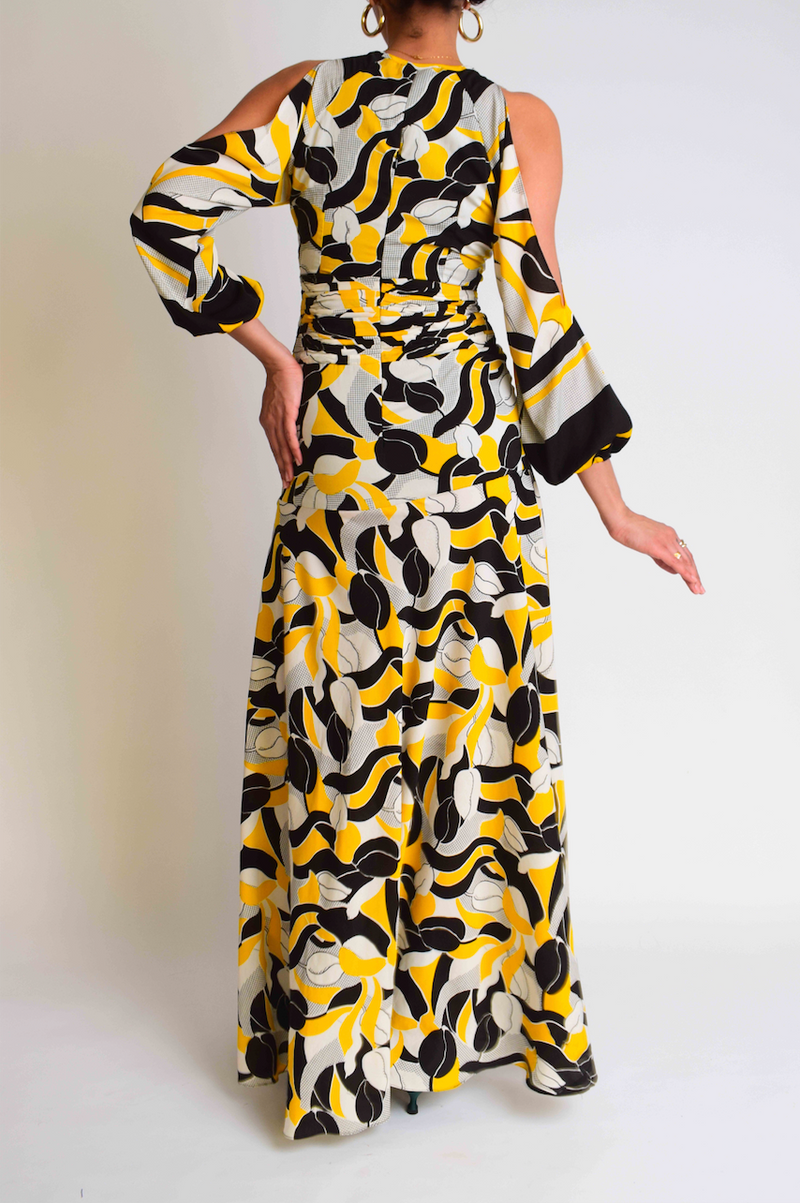 "Nina" Black And Yellow Maxi Dress