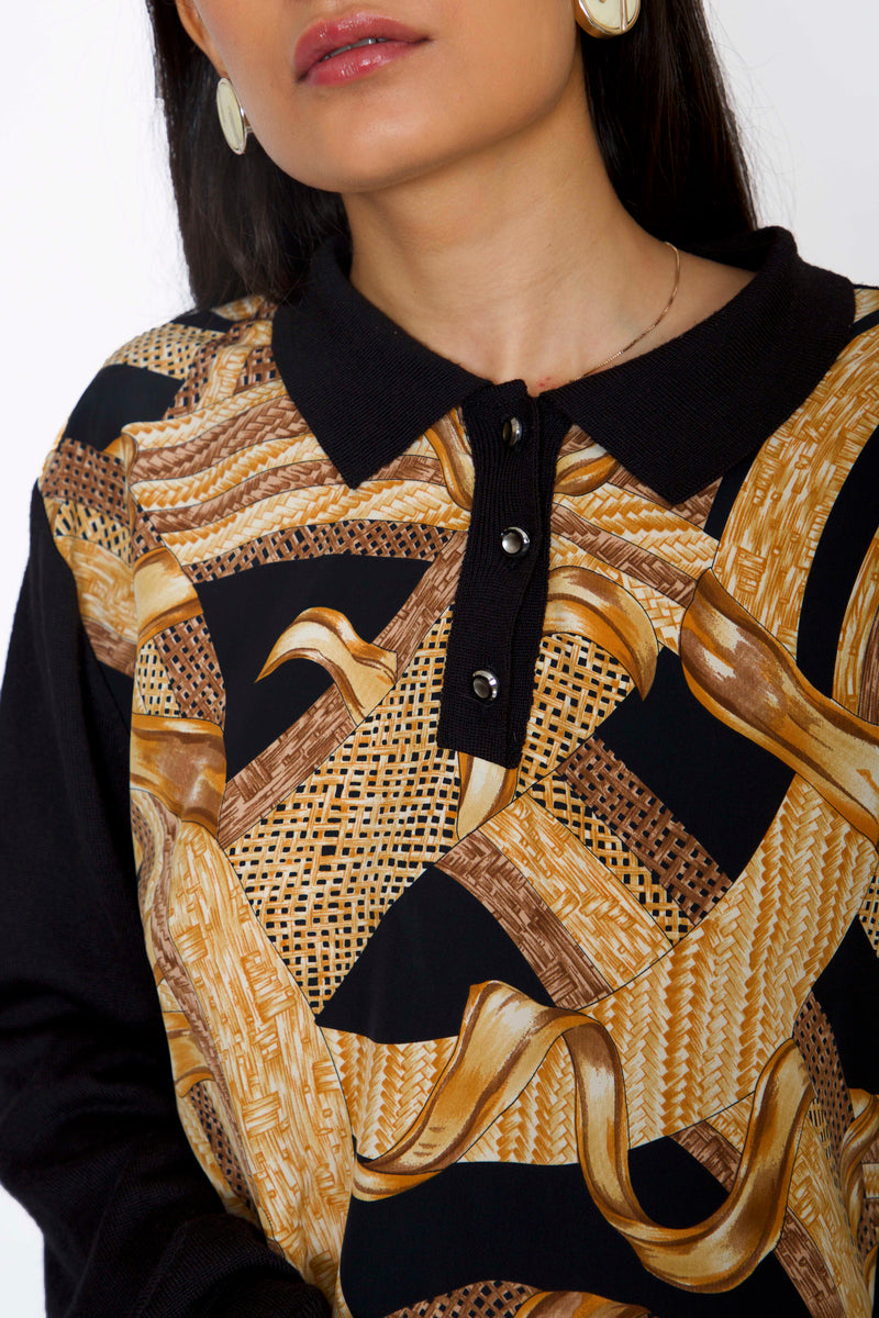 '80s Baroque Printed Polo Neck Pullover with Golden Buttoned Placket