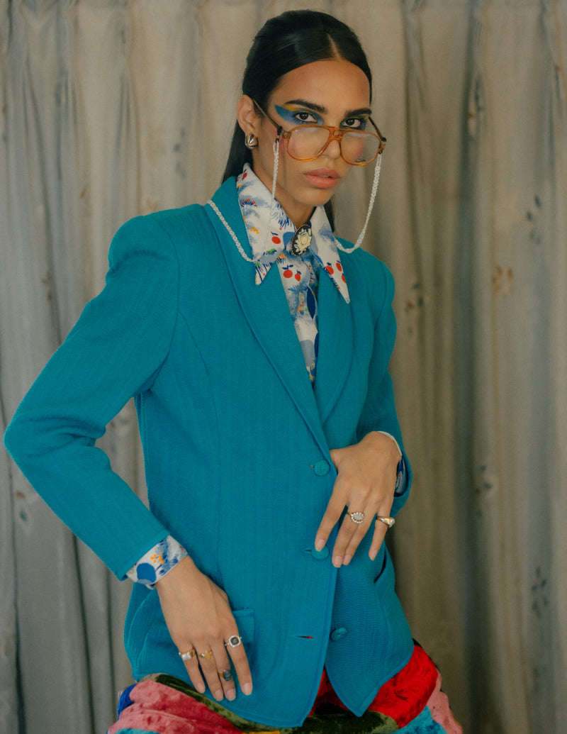 '70s Open Lapel Blazer in Aqua with Power Shoulders