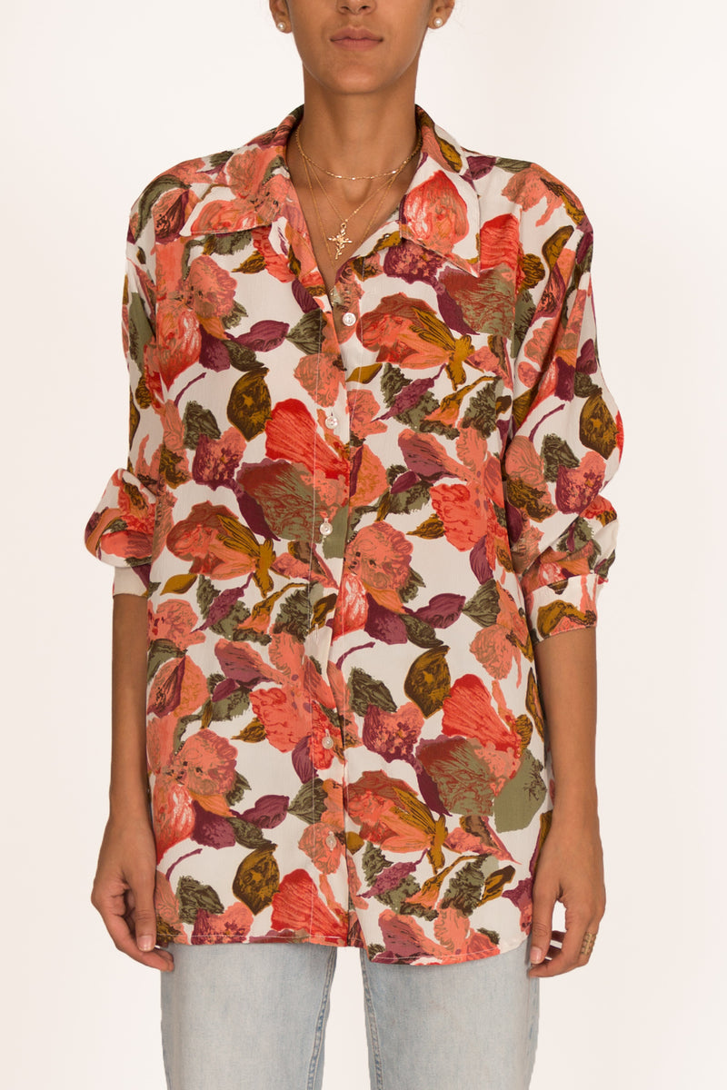 '90s Retro Floral Printed Shirt with Bold and Edgy Collar